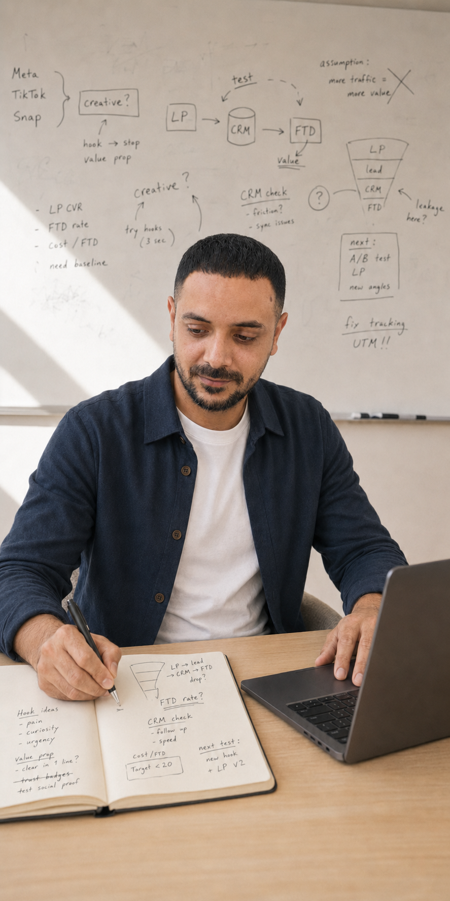 Adnan Khayyat working at a desk with acquisition funnel diagrams on a whiteboard behind him